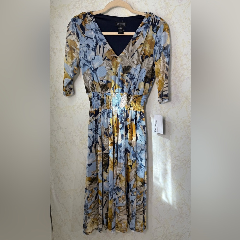 Enfocus Studio 3/4 Sleeve Floral Dress - Blue and Yellow